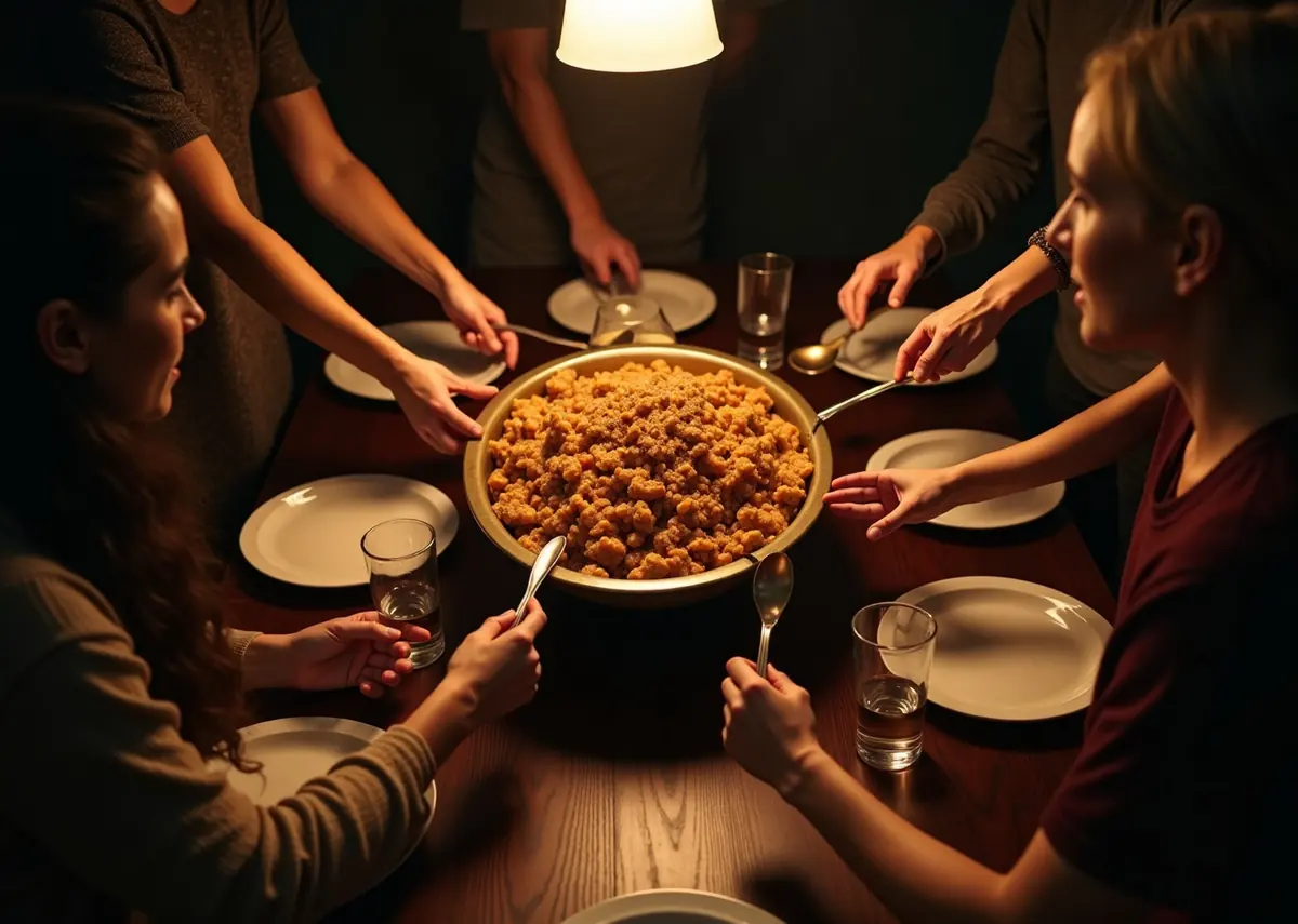 Hands passing a large platter of food around a family table under warm light