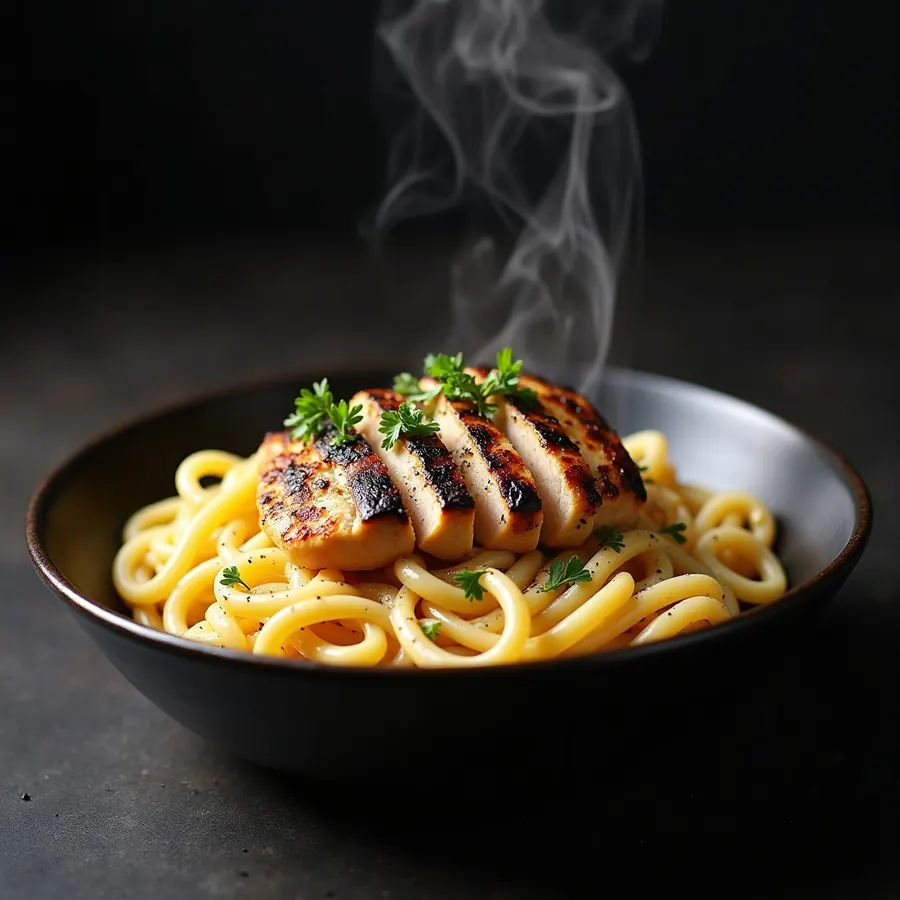 Chicken alfredo with grilled chicken over fettuccine in cream sauce