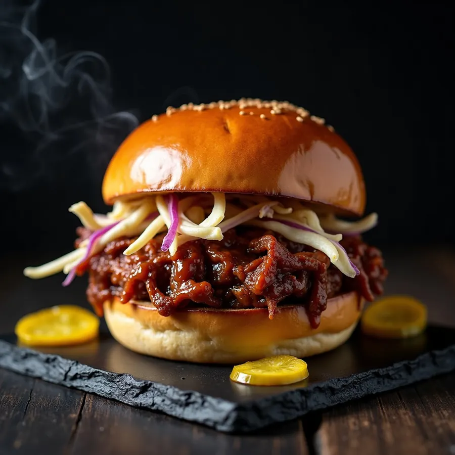 Slow smoked pulled pork sandwich with slaw and pickles on a brioche bun