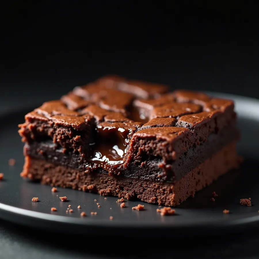 A thick fudgy chocolate brownie with a crackled top and chocolate drizzle