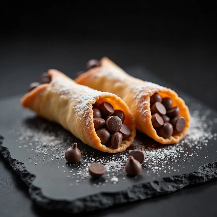 Two cannoli with sweet ricotta filling and chocolate chips, dusted with powdered sugar