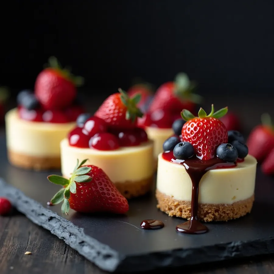 Cheesecake bites topped with strawberry compote and chocolate drizzle
