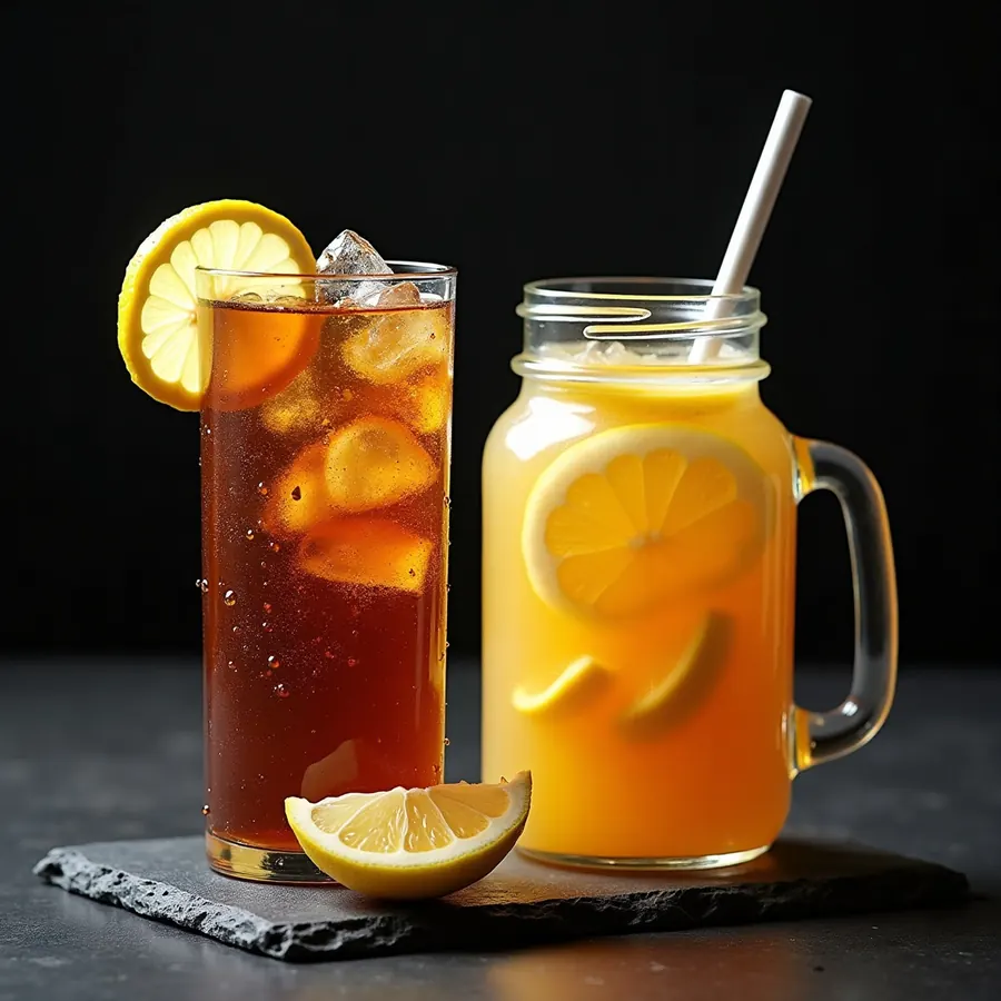 A tall glass of sweet tea and a mason jar of lemonade with lemon slices and ice