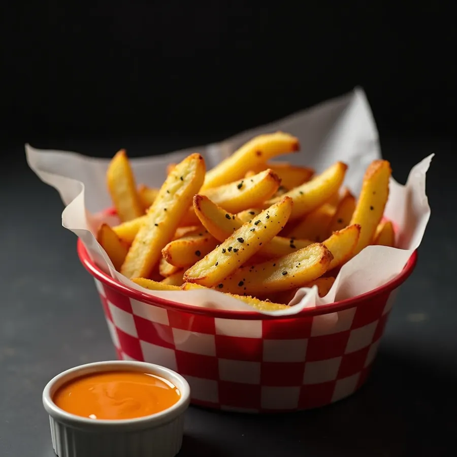 Fresh cut seasoned fries in a red checkered basket with dipping sauce