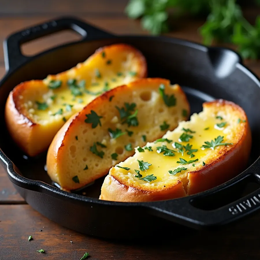 Skillet garlic bread glossy with melted garlic butter and parsley