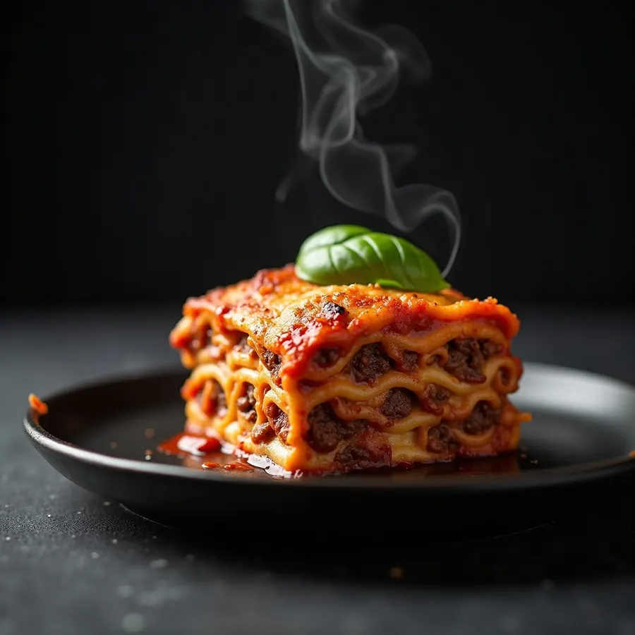 A square of homemade lasagna with visible layers of pasta, beef, ricotta and melted cheese