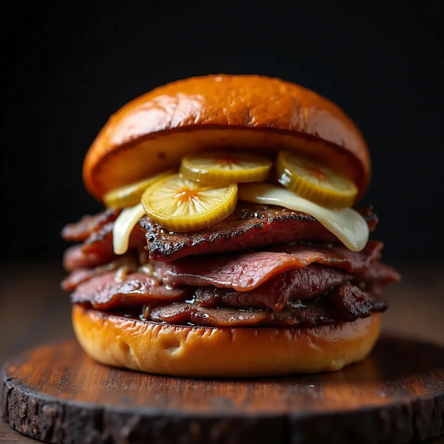 Ribeye steak sandwich with sauteed onions and melted cheese on a brioche bun