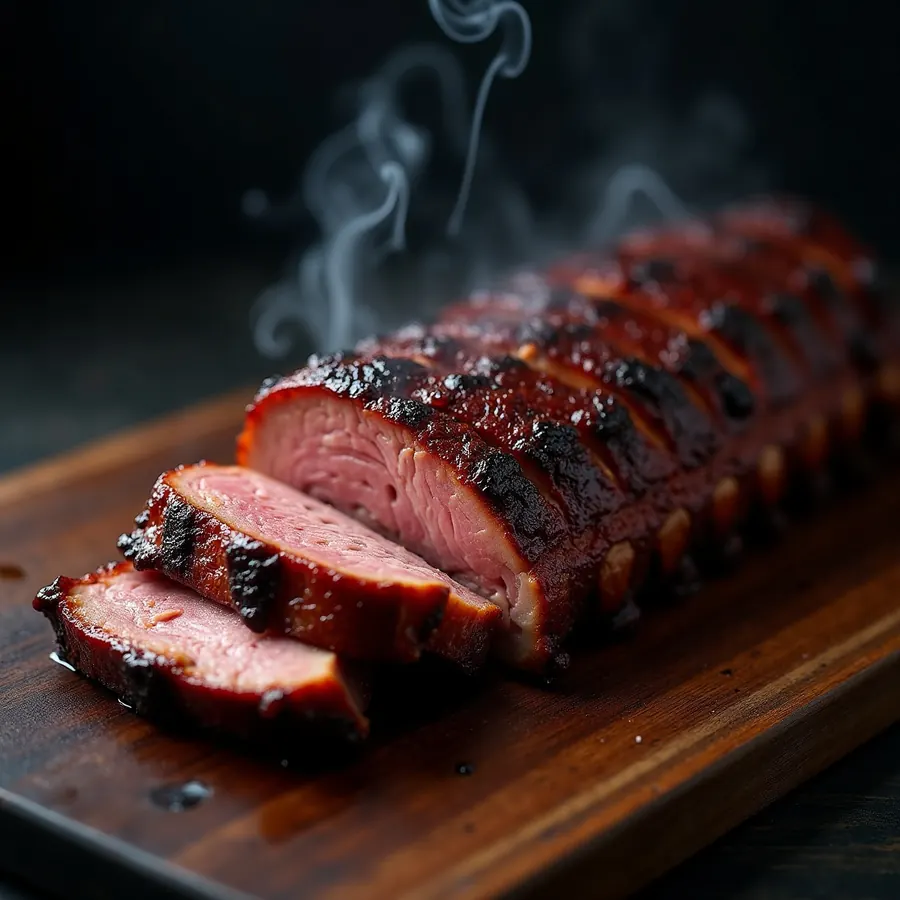 Sliced smoked pork with dark bark and a visible smoke ring on a wooden board