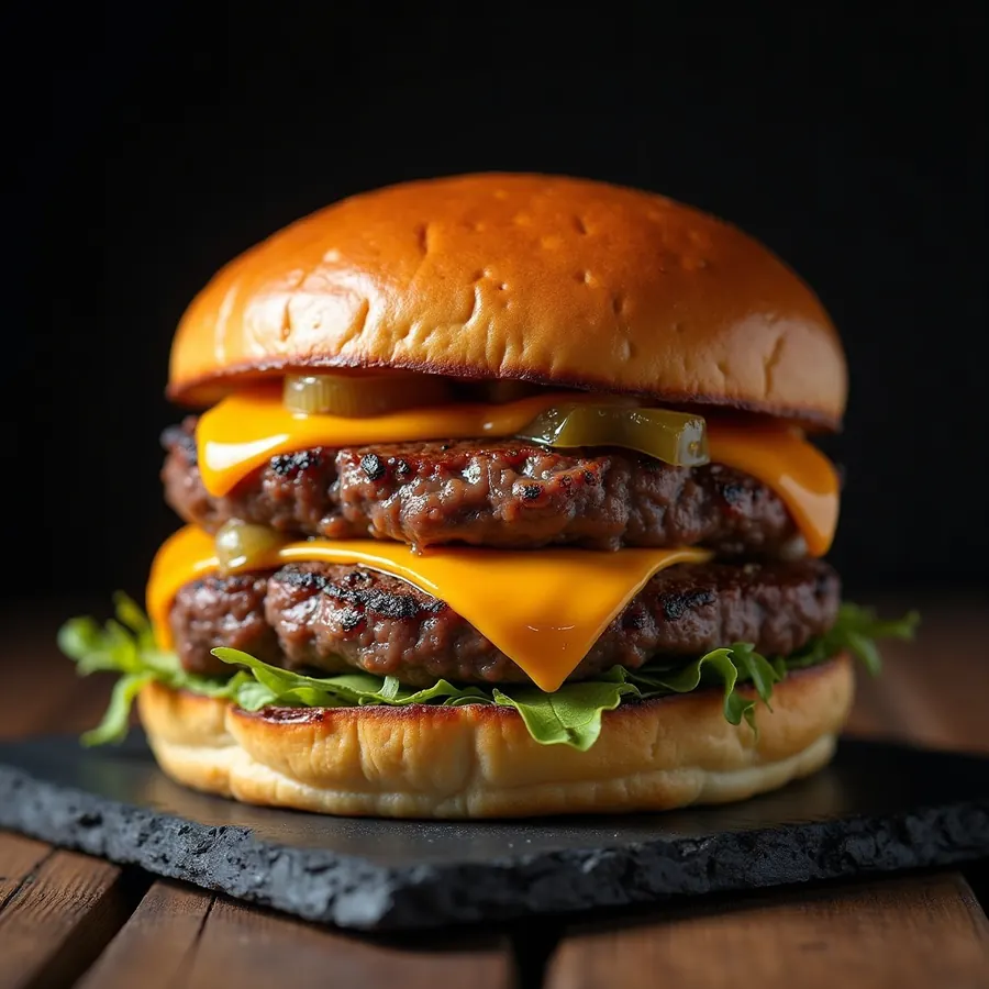 Double smash burger with melted cheese, grilled onions, pickles and signature sauce