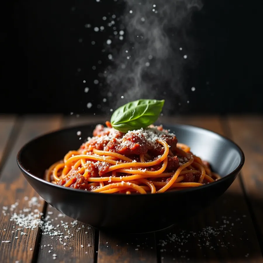 A black bowl of spaghetti in rich red meat sauce with grated parmesan