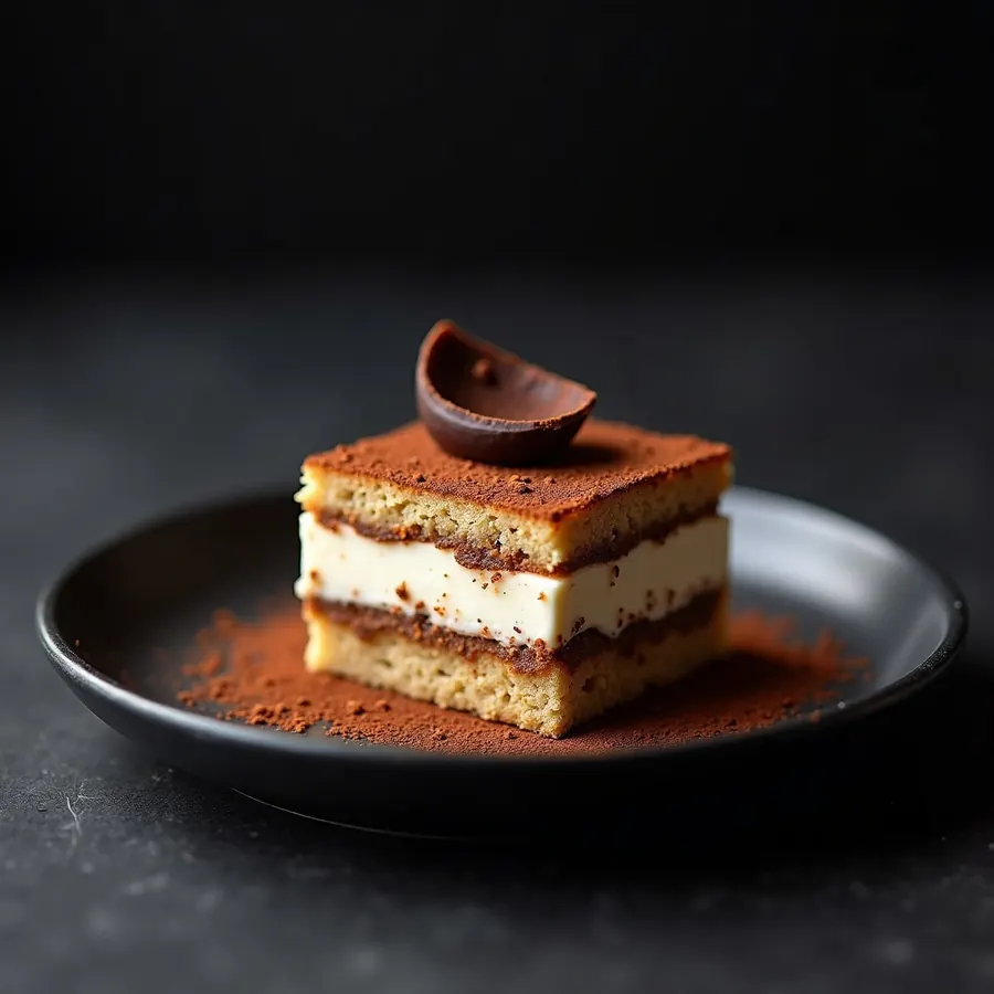 A square of tiramisu dusted heavily with cocoa on a matte black plate