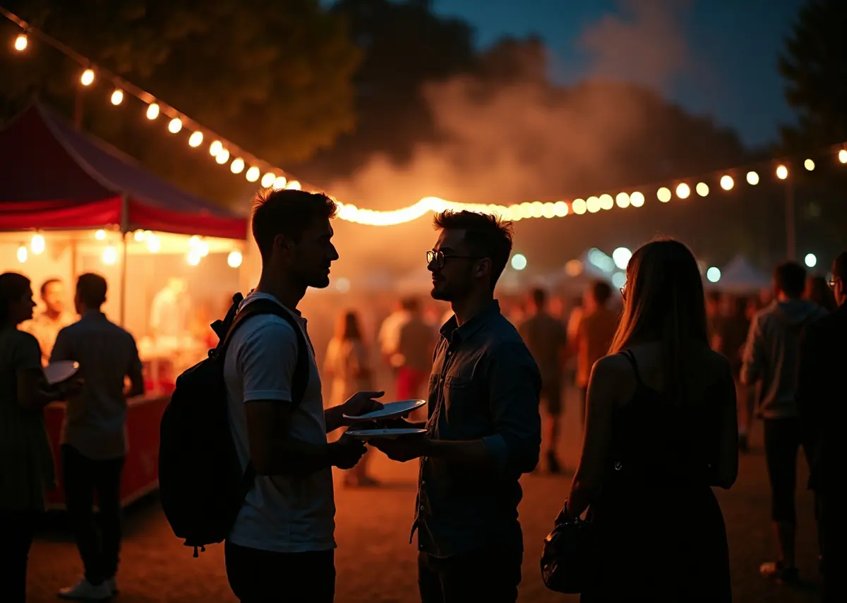 Guests holding plates at an outdoor evening food event under string lights