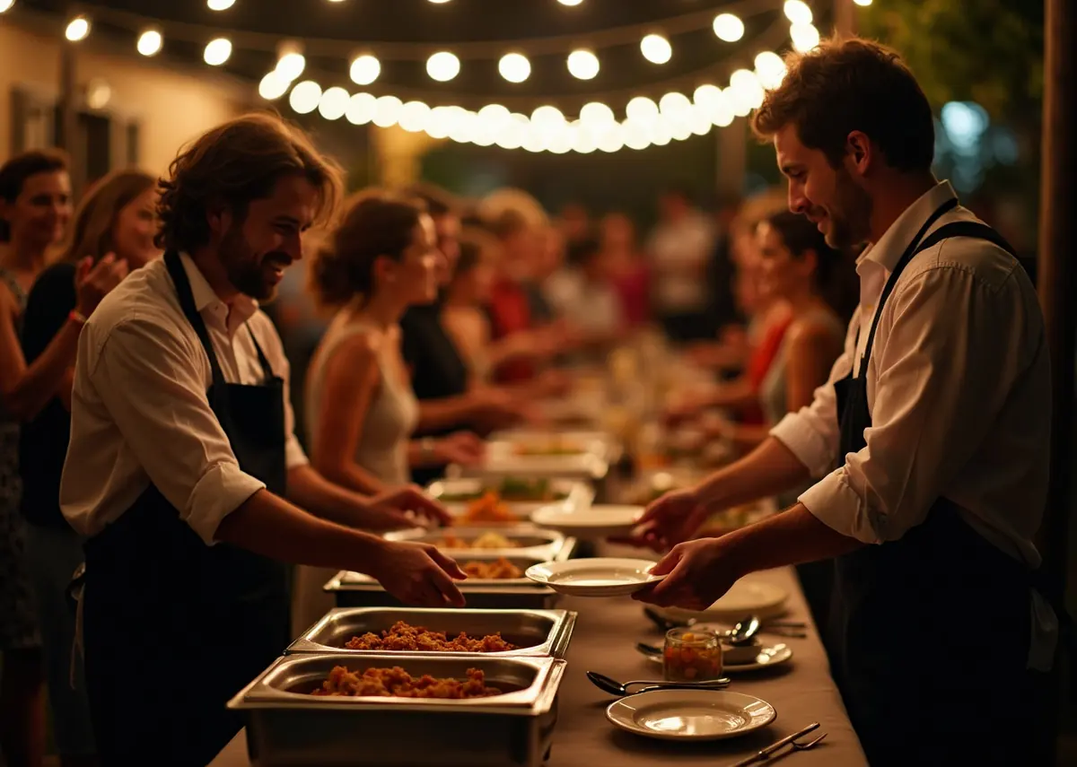 A caterer handing a full plate across a serving table to a guest