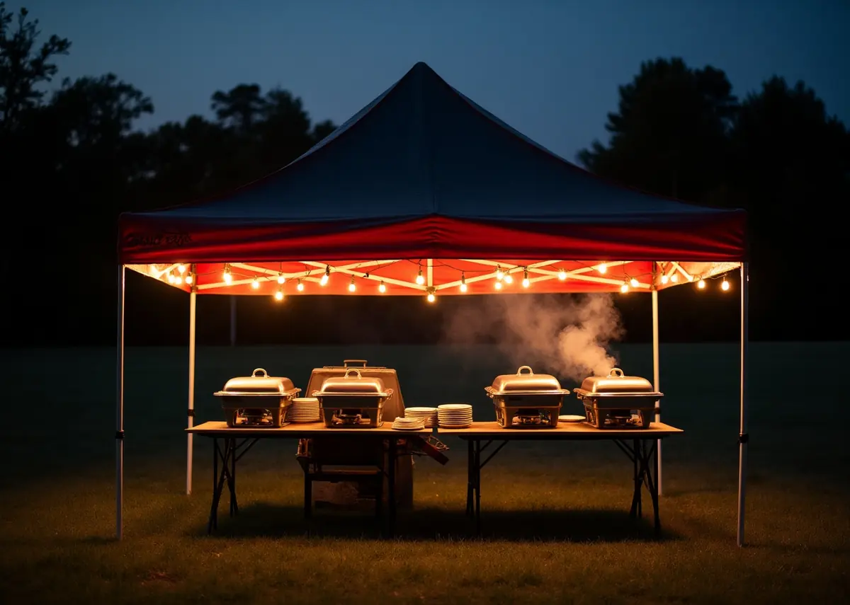 The Saucy Heart pop-up tent lit red at dusk with chafing trays set up on folding tables