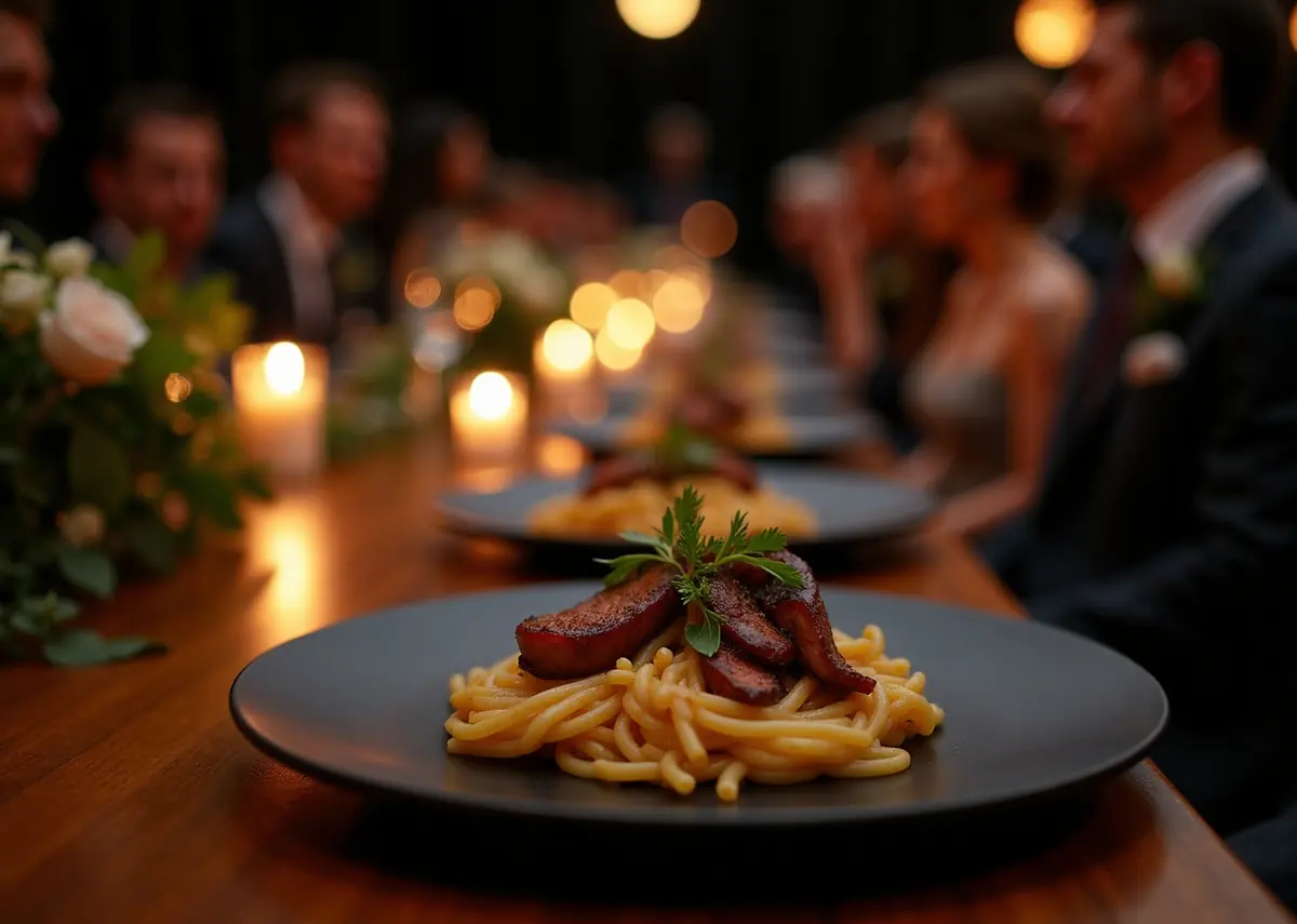An elegant plated dinner at a dark reception venue lit by candles