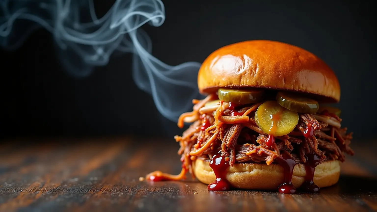 A pulled pork sandwich piled high with slaw and pickles on a brioche bun