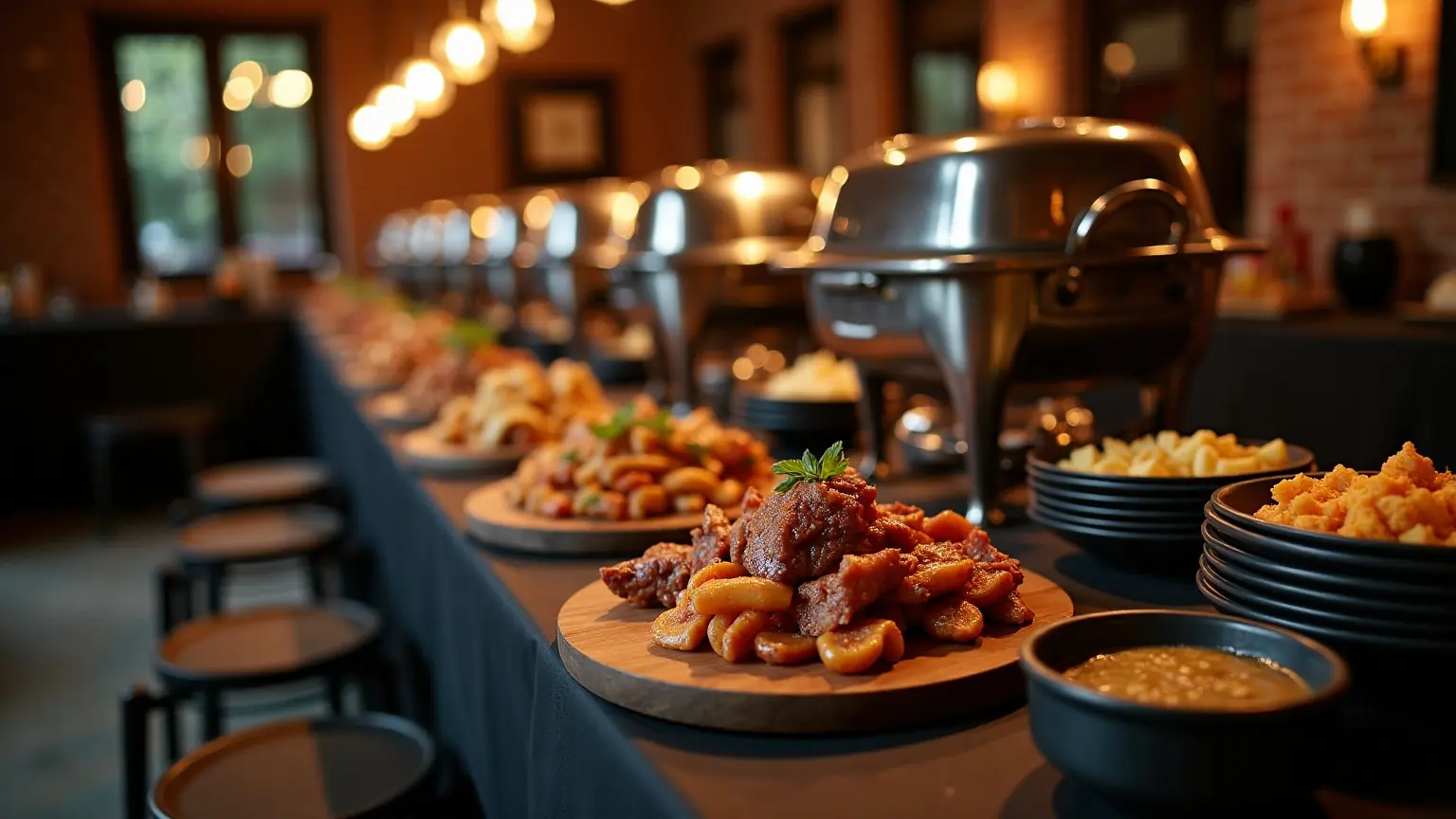 A long catered banquet table with chafing trays and wooden serving boards under warm string lights