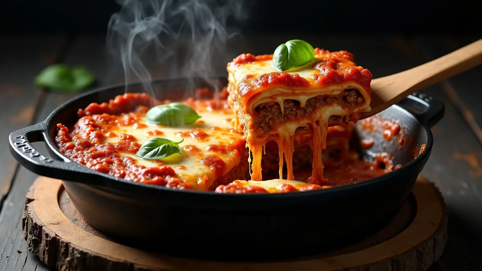 A cast iron pan of lasagna with a slice being lifted and cheese stretching