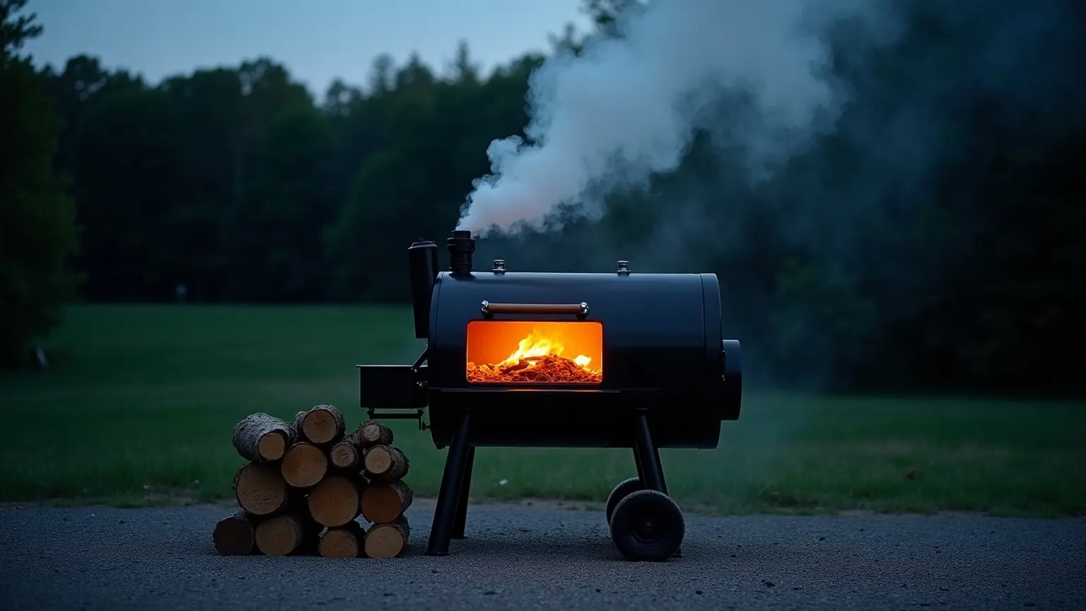 An offset barbecue smoker at dusk with thick smoke rolling from the stack and coals glowing in the firebox