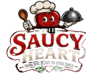 The Saucy Heart logo, a chef heart holding a wooden spoon and a serving cloche