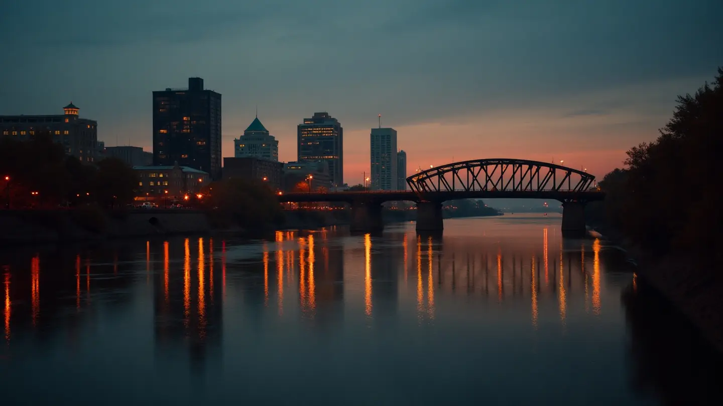 City lights reflecting on the river at dusk near Louisville, Kentucky