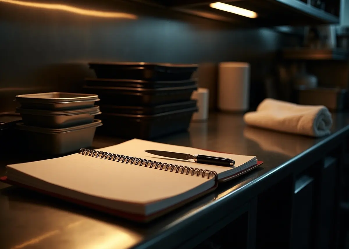 A dark stainless kitchen prep counter with a notebook, knife and stacked containers