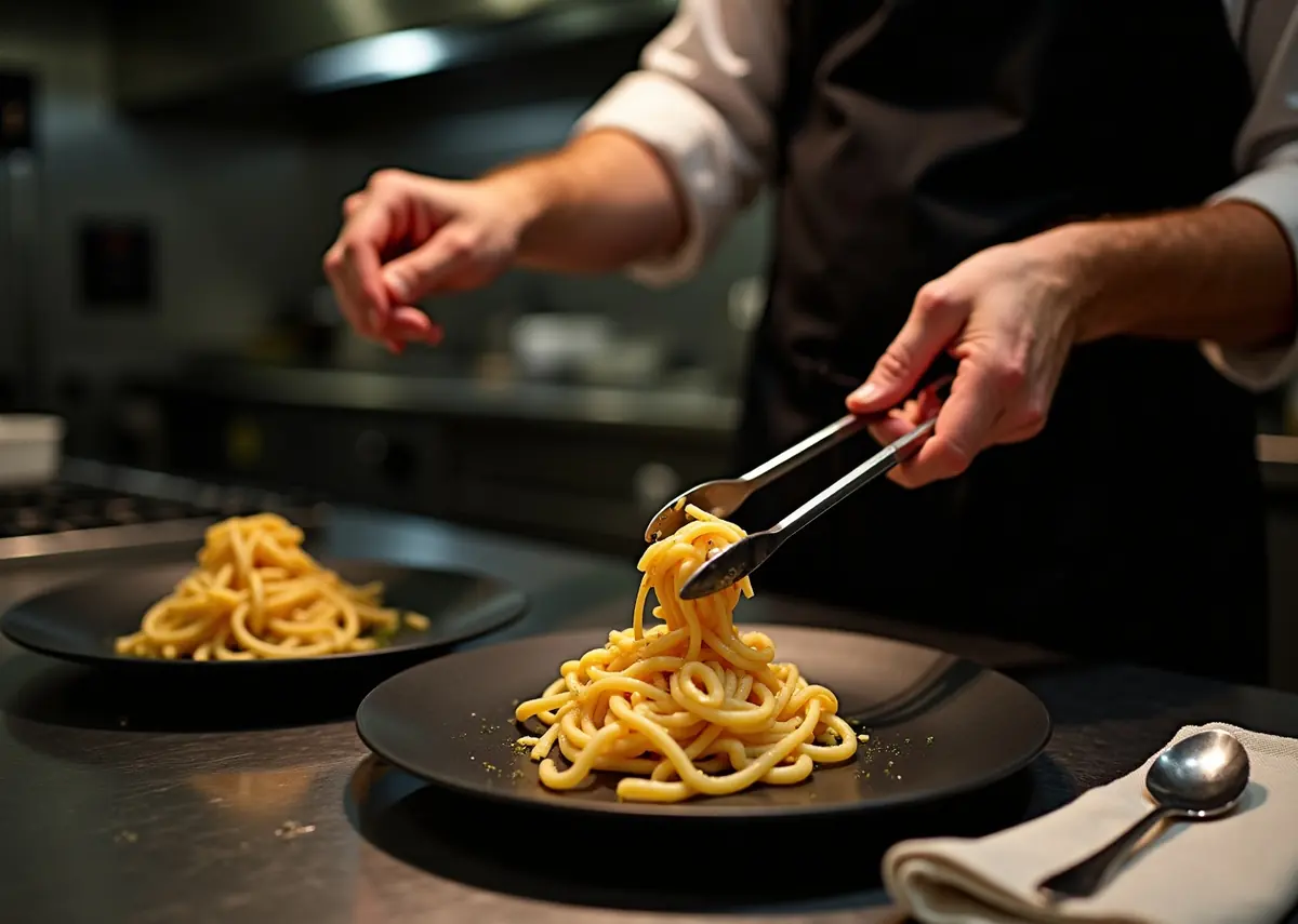 A cook plating pasta onto a black plate at the kitchen pass