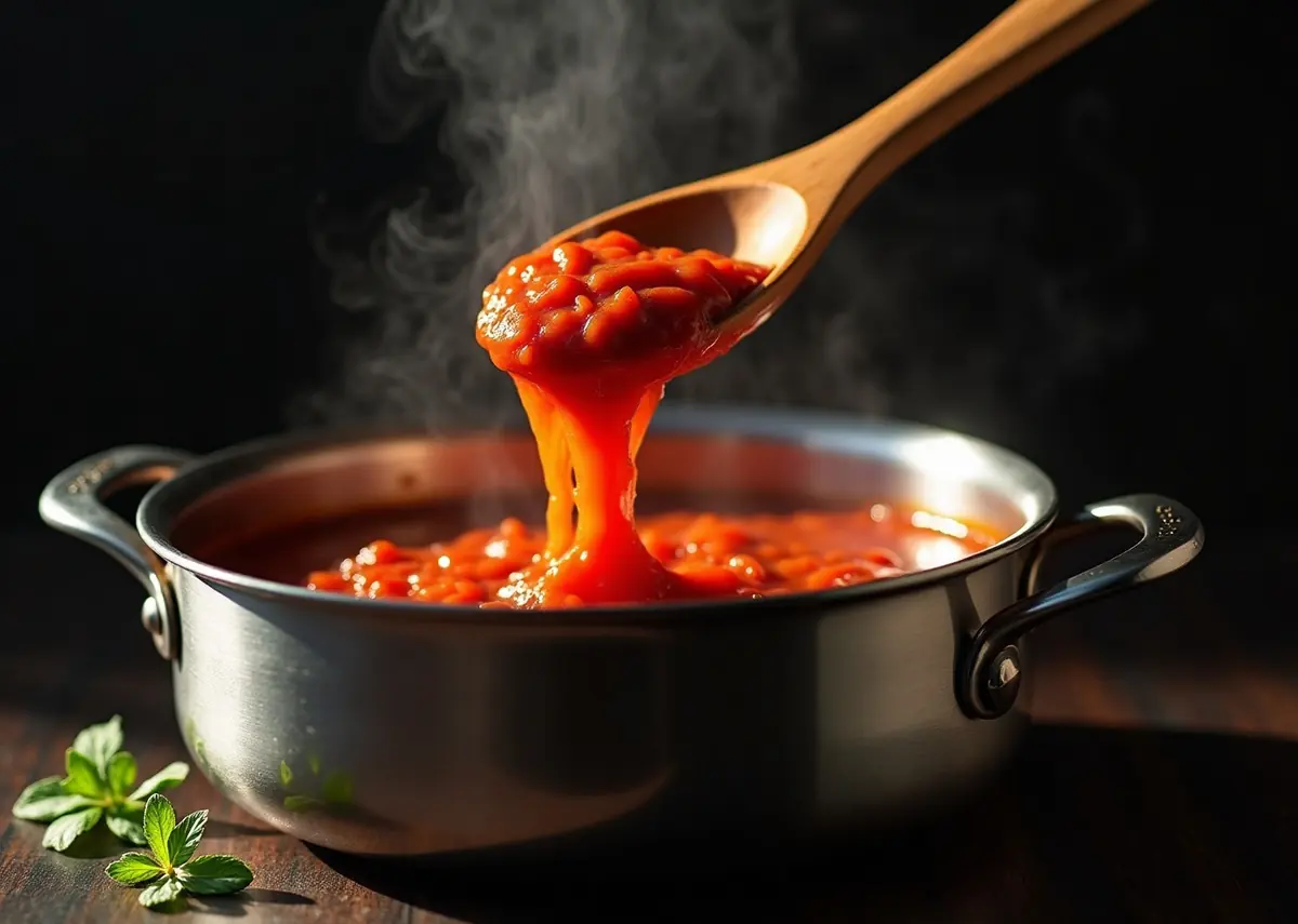 A wooden spoon lifting thick red sauce out of a simmering pot in a dark kitchen