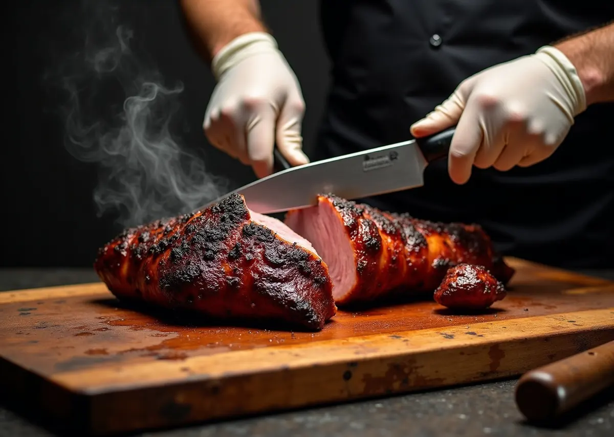 Hands pulling apart a smoked pork shoulder with dark bark on a wooden board