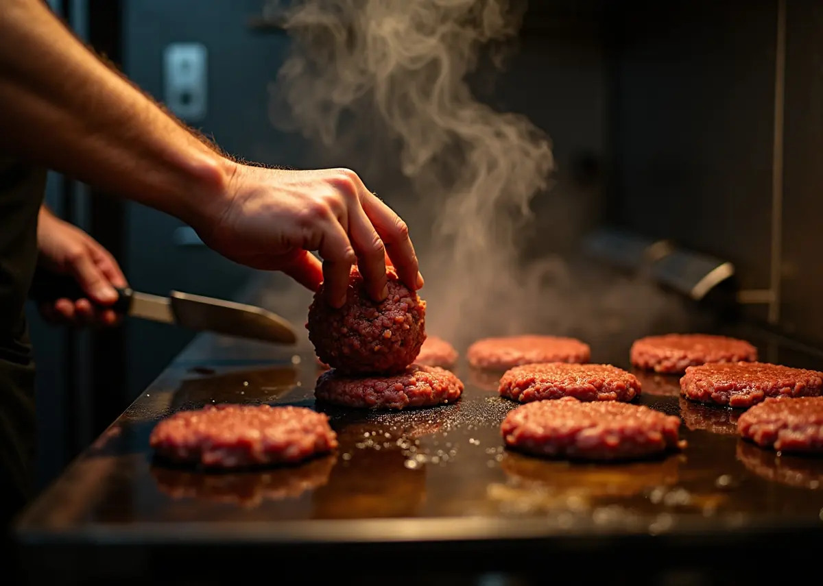 A cook pressing a ball of beef onto a hot flat top griddle with a heavy press